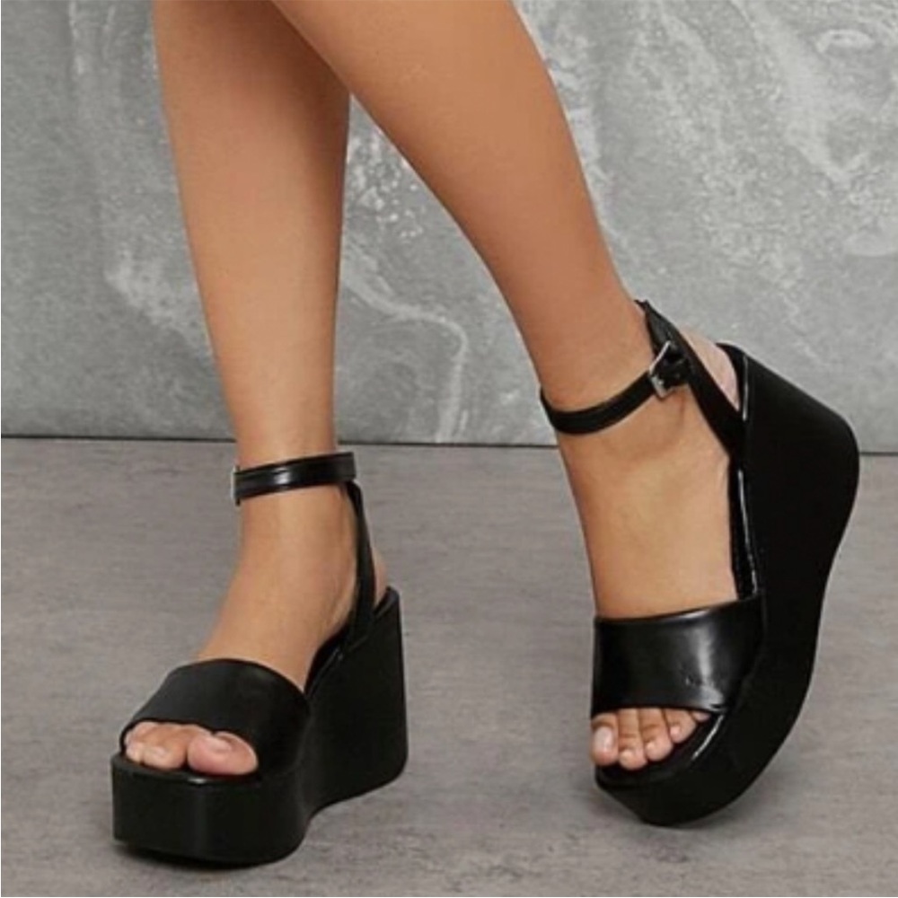 Womens Black Platform Wedge Sandals with Ankle Strap - Picture 6 of 6
